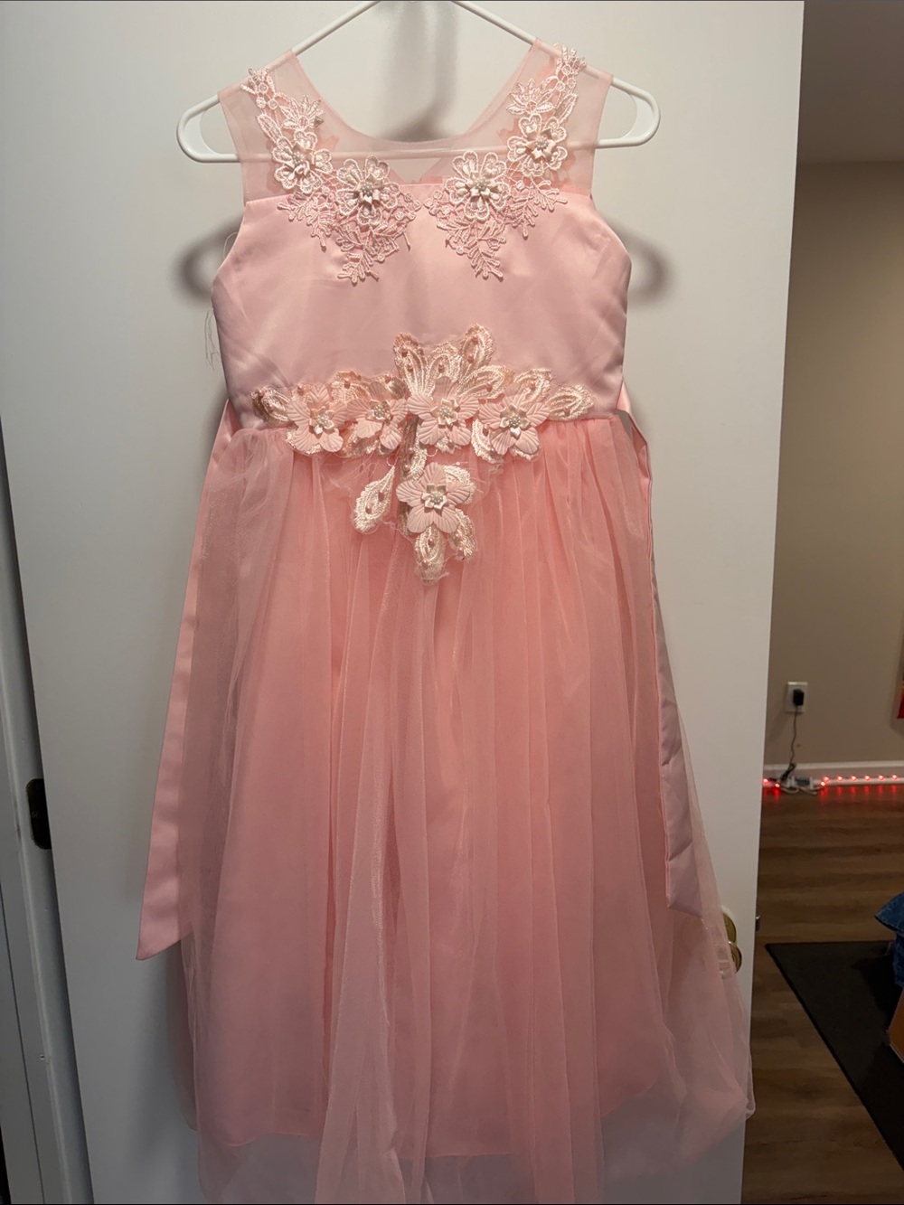 Girls Pink Floral Applique Tulle Party Dress
